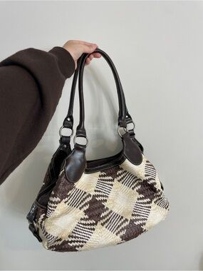 Vintage Boho Woven Check-Pattern Shoulder Bag - Brown & Cream